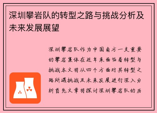 深圳攀岩队的转型之路与挑战分析及未来发展展望